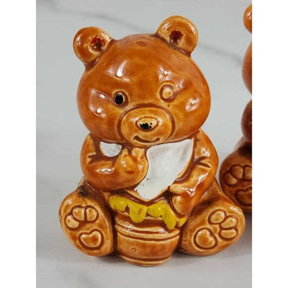 Bear Cub Salt & Pepper Shakers Toothpick Holder 3" Glazed Ceramic 70's Japan Vtg - Picture 2 of 14